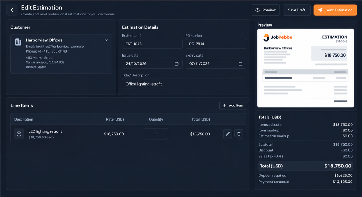 JobPebbo estimate editor with customer details, line items, live document preview, deposit and payment schedule