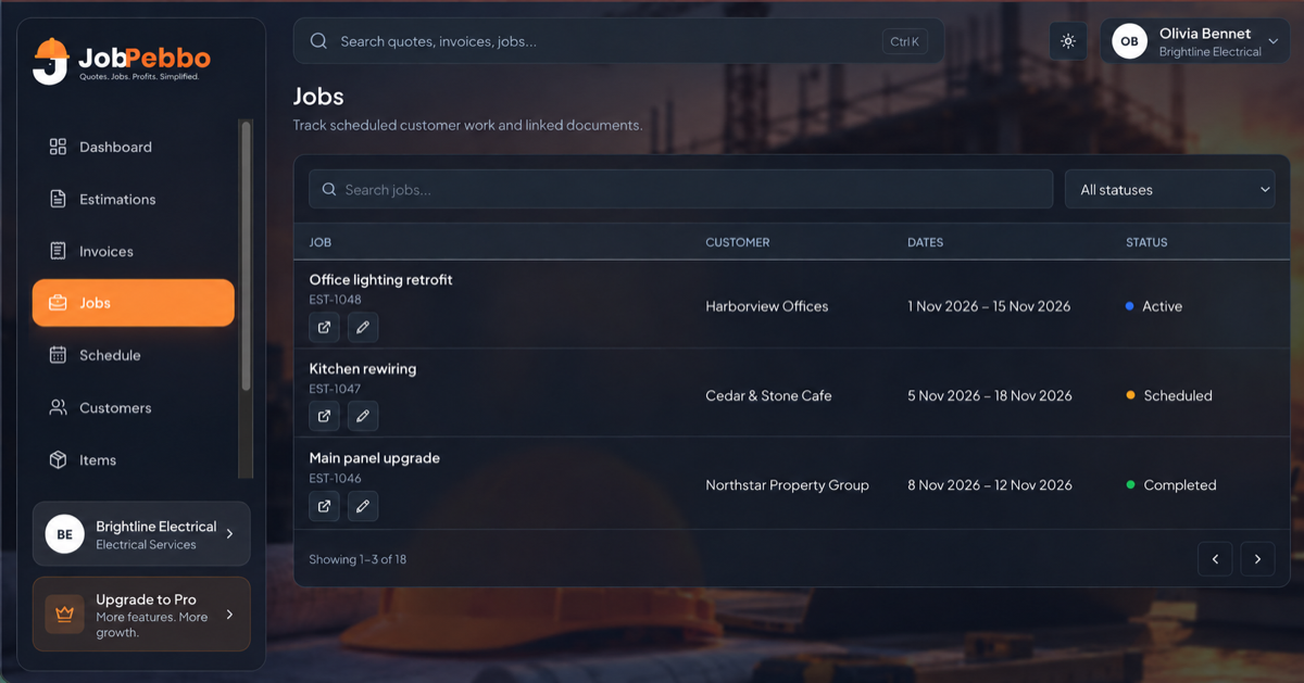 JobPebbo jobs list demonstrating job tracking for builders